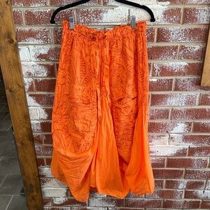 Made In Italy Boho Linen Bubble Maxi Skirt Orange Floral Drawstring One Size New